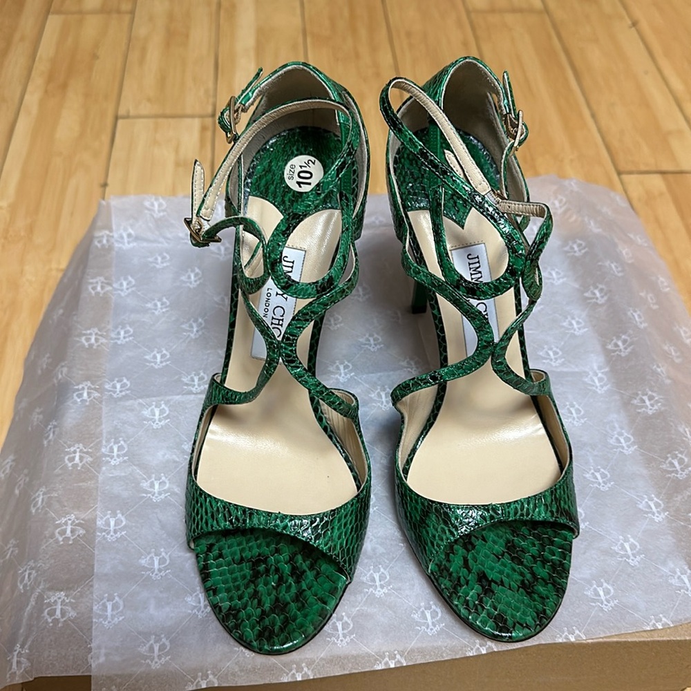 Jimmy Choo green snake skin.